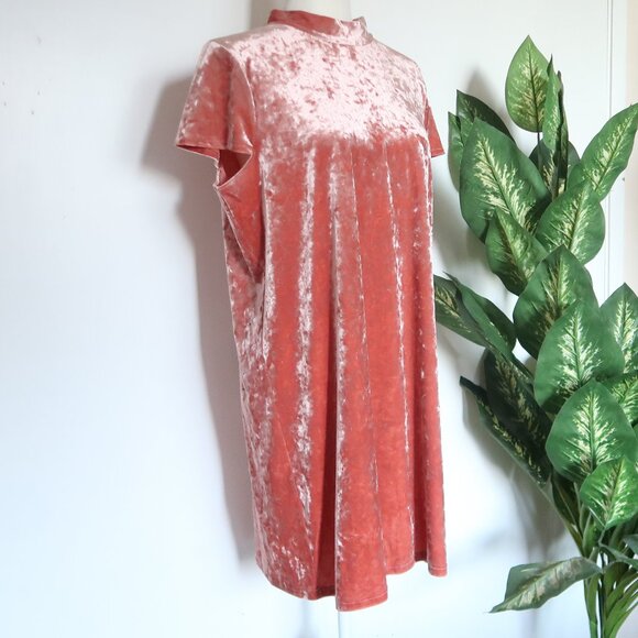 Madewell Blush Pink Crushed Velvet Dress Tie Back Short Sleeve Mock Neck Size L - Picture 7 of 13